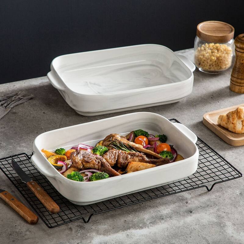 MALACASA Marble Grey Porcelain Baking Pan with Handles
