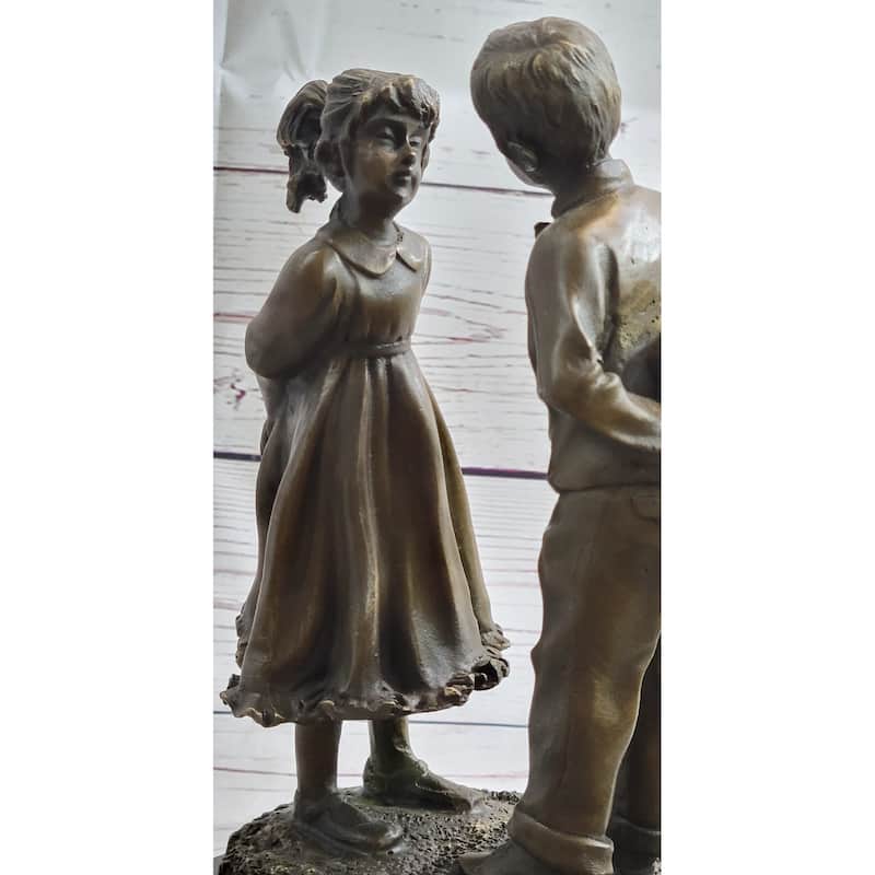 First Kiss Love Romance Children Bronze Sculpture Figure On Heart Shaped Marble Base