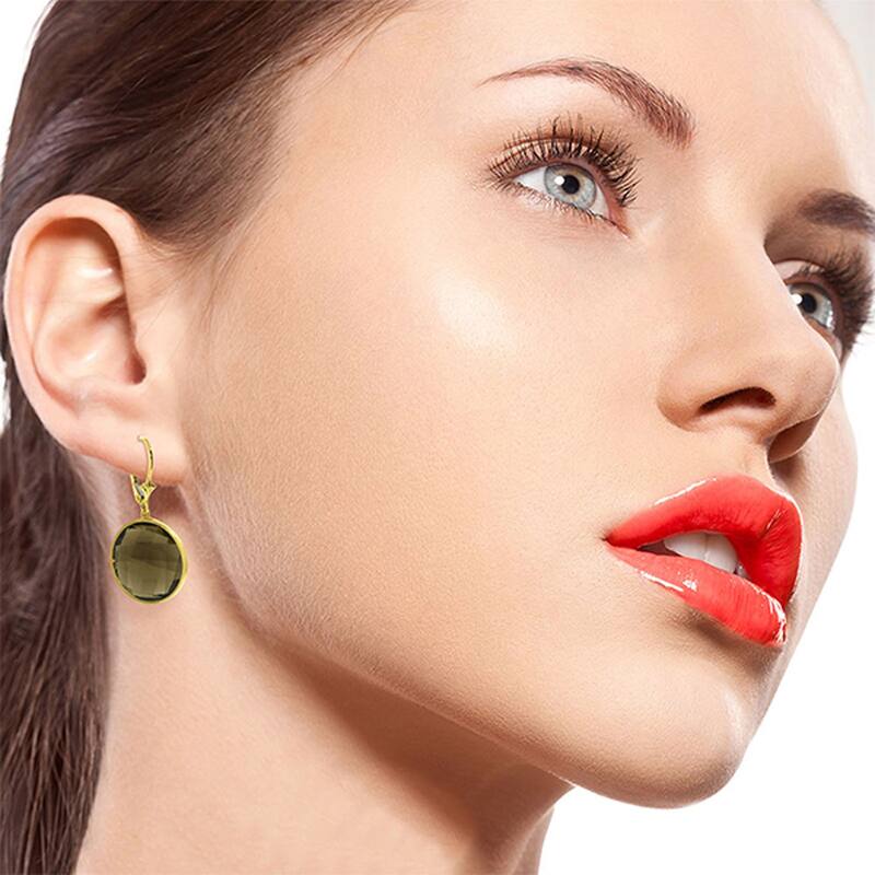 14K Solid Gold Leverback Gemstone Earrings Round Smoky Quartz