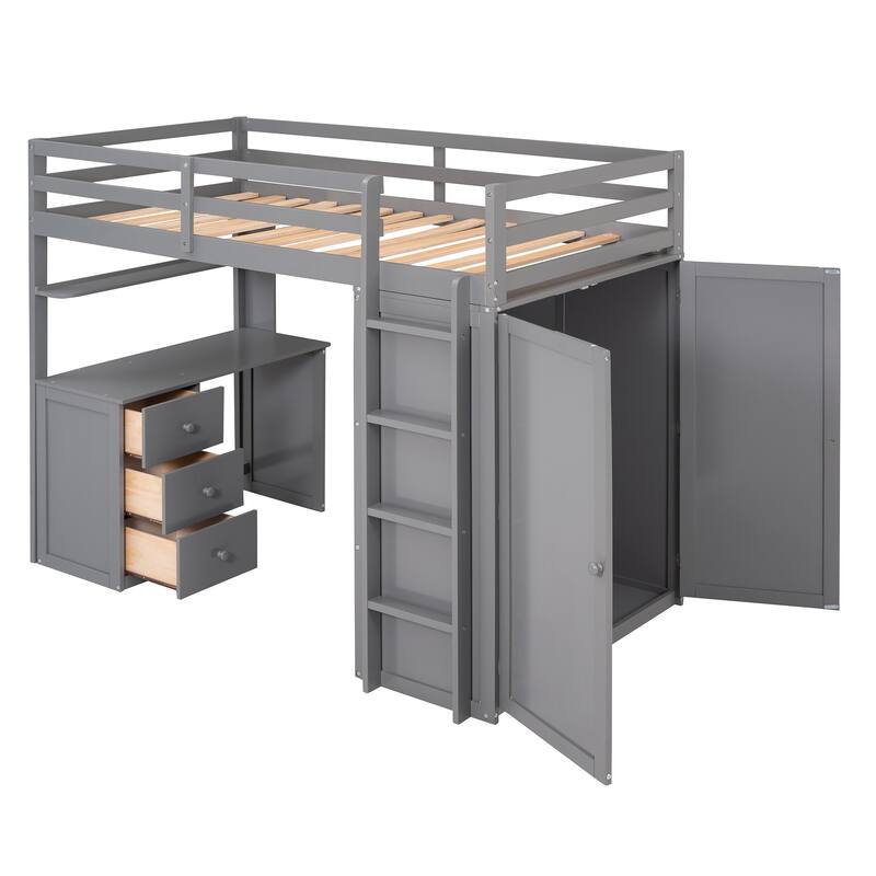 Space-Saving Twin Loft Bed with Desk, Drawers, and Wardrobe in Gray