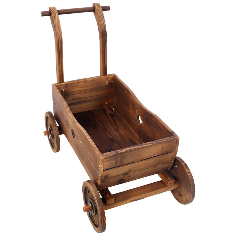 Wooden Wagon Planter Box, Mobile Garden Planter with 4 Wheels, Handle, Drain Hole, Decorative Flower Planter