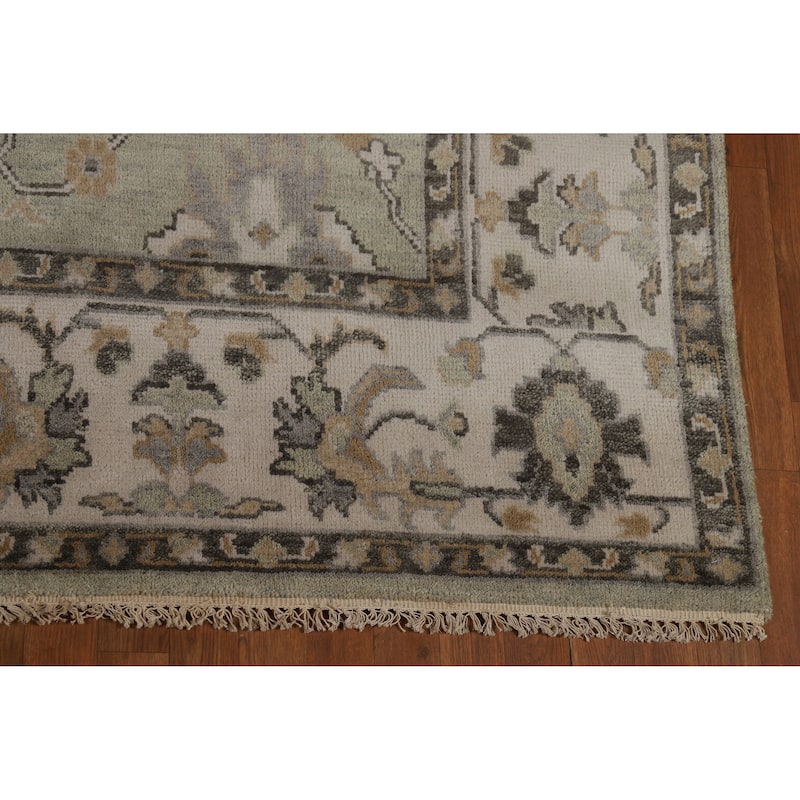 Green Ivory Oushak Indian Area Rug Hand-Knotted Wool Carpet - 8'1" x 10'1"