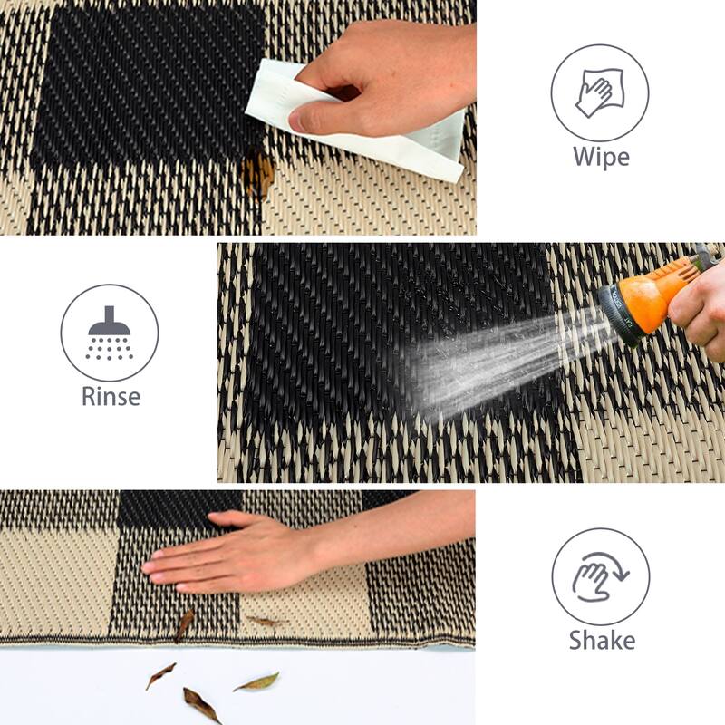 Outdoor Rug Waterproof Reversible Rug Indoor Outdoor Plaid Area Rug Plastic Straw Rug for Camping RV Backyard Patio