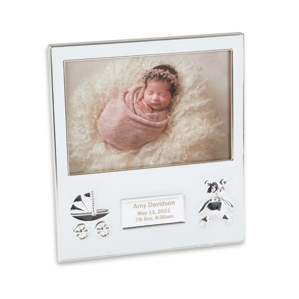 slide 2 of 2, Silver Plated Picture Frame Newborn Baby Theme with Engraving Plate Holds 4" x 6" Photo