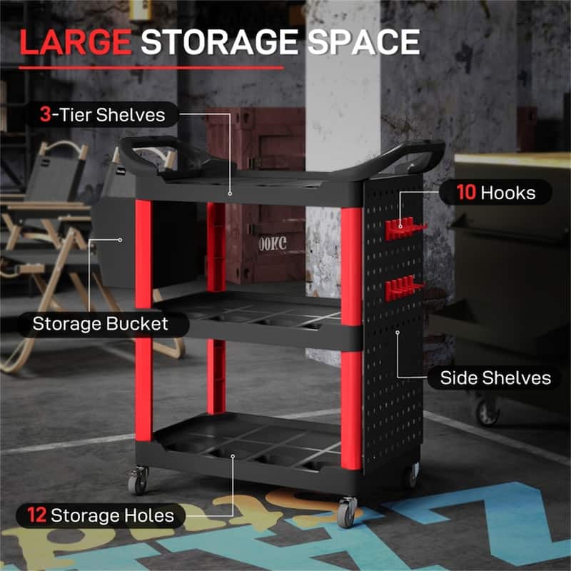 Adjustable Workshop Stool with Lumbar Support, Locking Wheels and Metal Tray and Bottle Holders