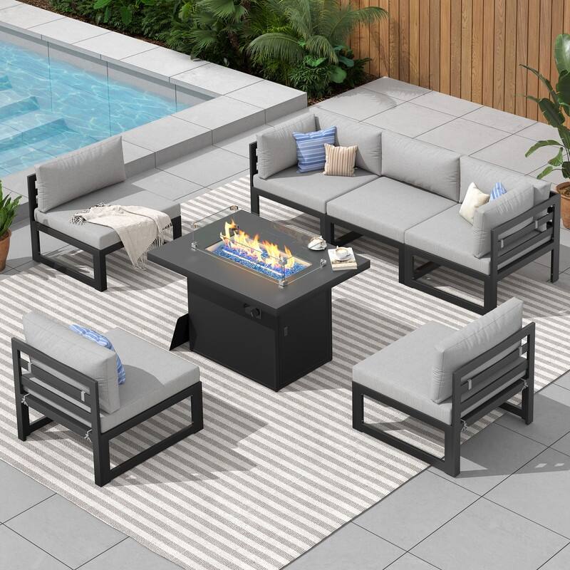 FINCATI Aluminum Outdoor Patio Furniture Conversation Sectional Sofa Set - 7 Pieces-A - Light Grey