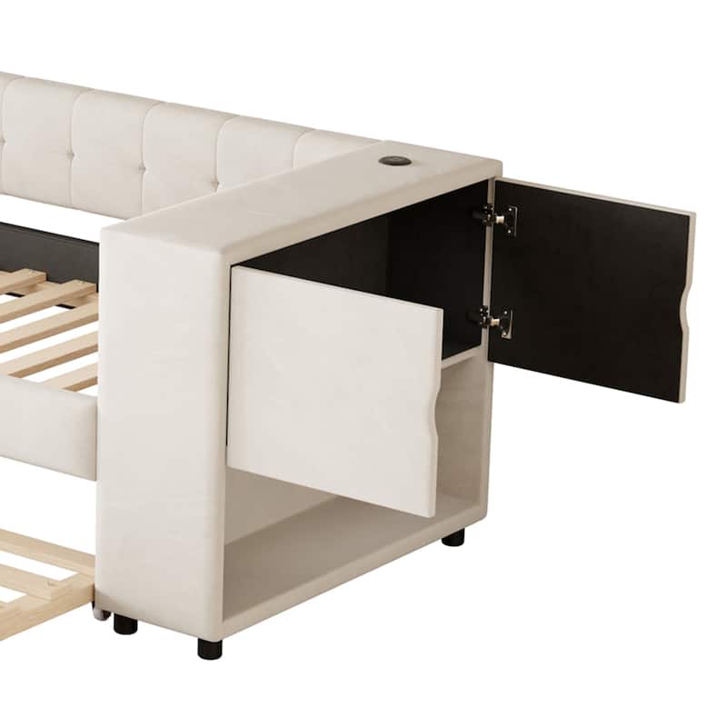 Space-Saving Twin Bed with Trundle, Built-in USB Ports, Storage Drawers, French Velvet Upholstery