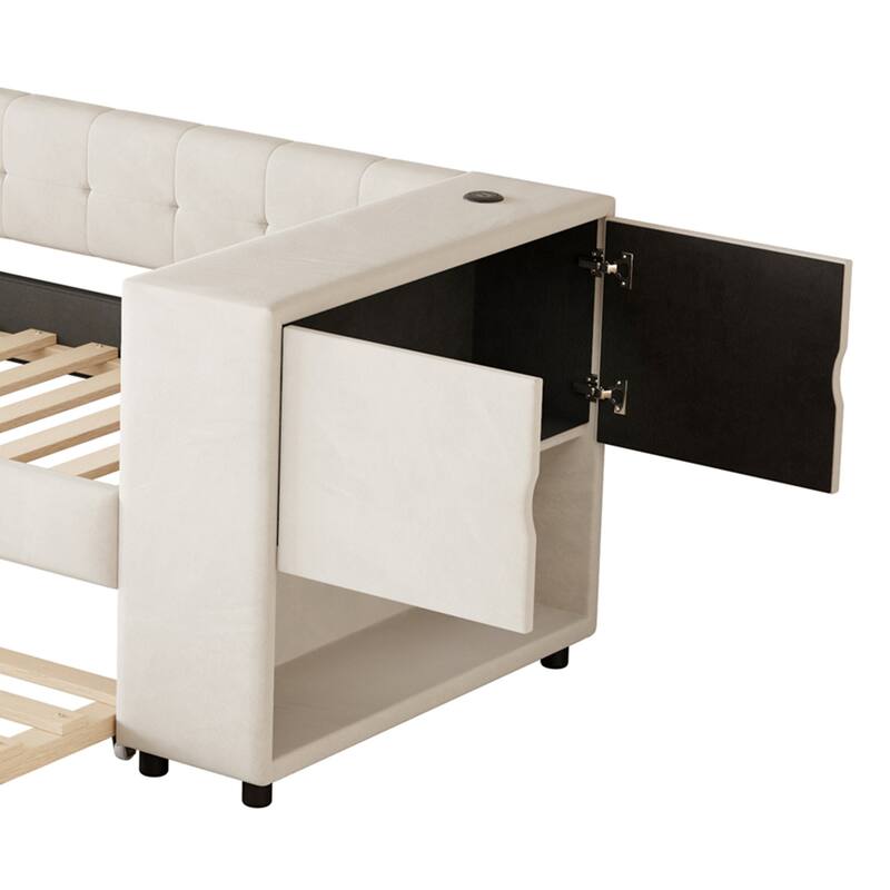 Twin Velvet Upholstered Platform Bed with Trundle, USB Charging, Storage Drawers, Beige/Gray