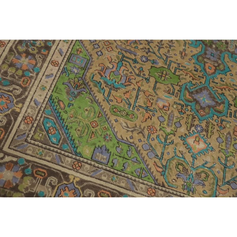 Hand Knotted Oriental 100% Wool Carpet Traditional Distressed Brown Tabriz Area Rug - 9' 5'' X 6' 4''