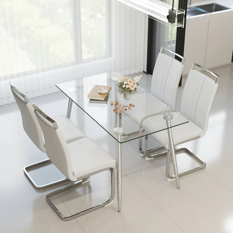 Glass Dining Table, Modern Rectangular Table with Tempered Glass Tabletop & Sliver metal Legs, Simplistic Kitchen Table