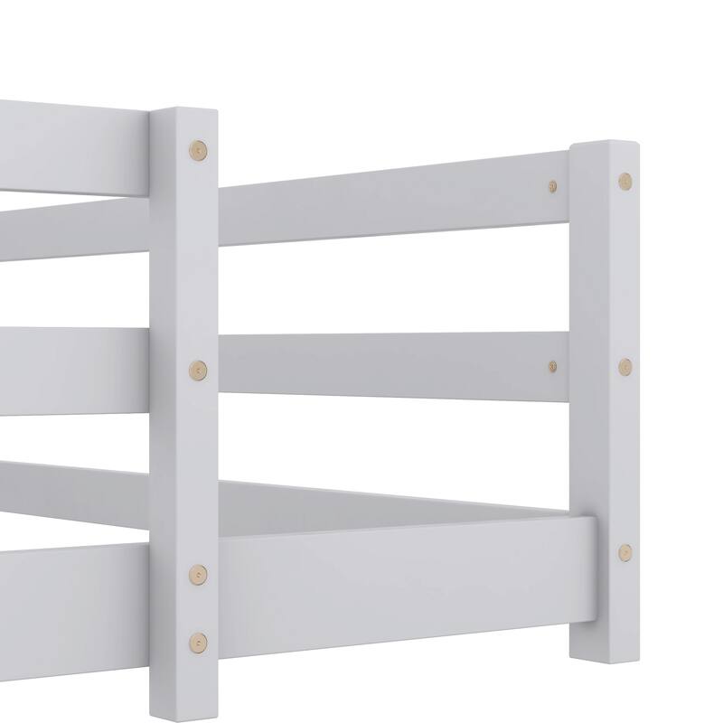 Full Size Montessori Floor Bed with Safety Fence, Solid Pine Wood Frame, Kids Low-Profile Bed for Boys and Girls, Easy Assembly