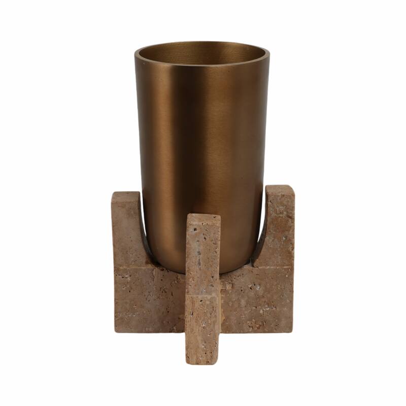 Metal and Stone Vase with Aluminum and Travertine Base Tabletop Decor