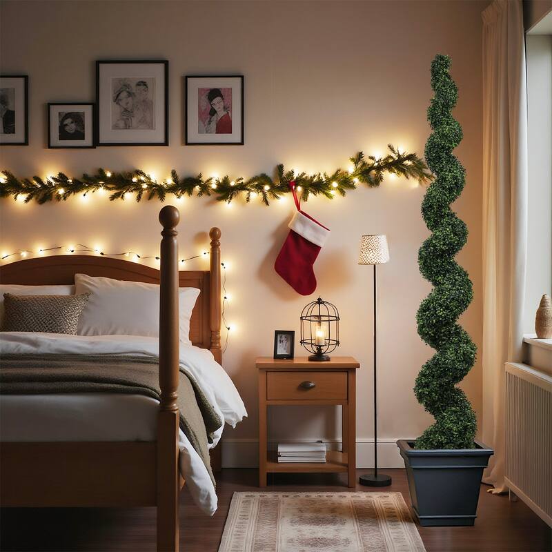 7FT Spiral Topiary Trees Artificial Outdoor Faux Boxwood Plants Large Twisted Green Potted Trees with Dark Green Leaves 1pc/set