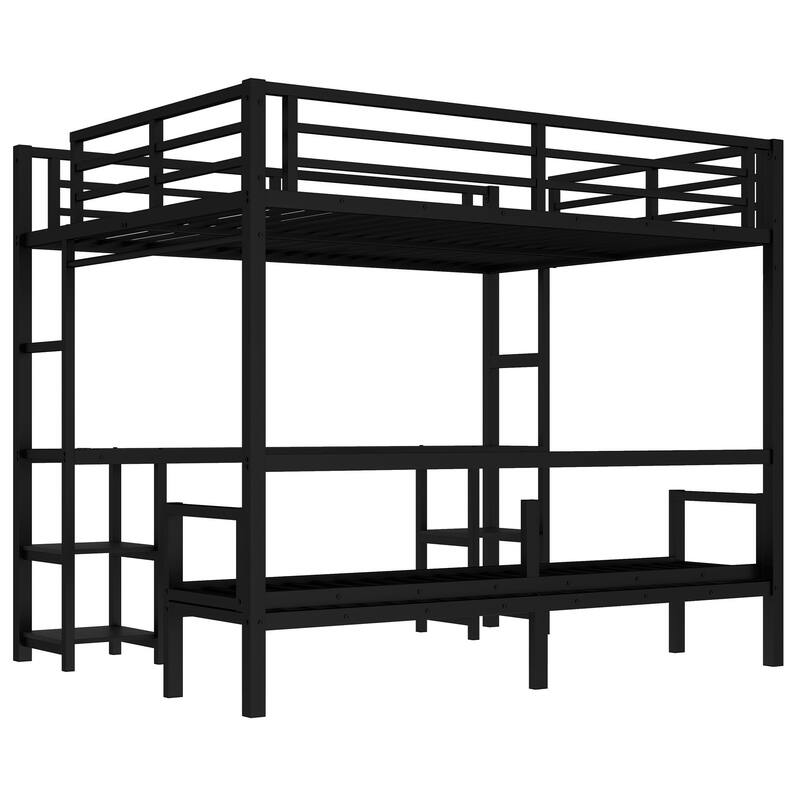 Queen Over Twin XL Black Metal Bunk Bed with Foldable Lower Bed, Light Strip, Desk and Shelves, High Loft Bed with Clothes Rail