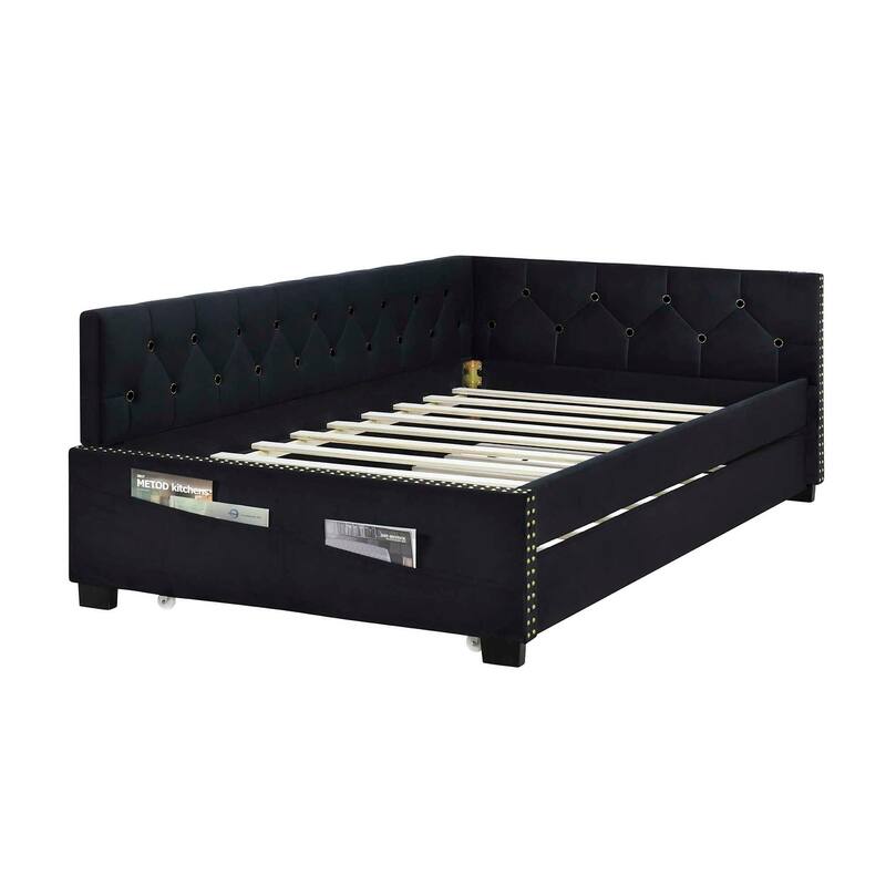 Black Twin Size Velvet Upholstered Daybed with Trundle and Button Design Backrest