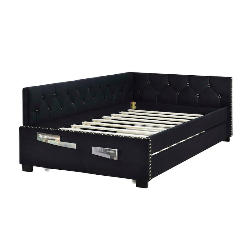Twin Daybed with Hidden Trundle, Modern Tufted Velvet Upholstered Sofa Day Bed Frame w/Wood Slats for Living Room Bedroom,Black