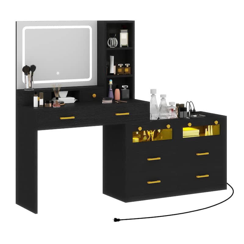 Moasis 64.9'' Makeup Vanity Desk Set with Drawers Storage Dresser & LED Lighted Mirror