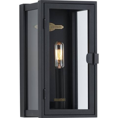 Stature Collection 1-Light Textured Black Clear Glass Transitional Outdoor Small Wall Lantern Light - 6 in x 5.37 in x 11.5 in