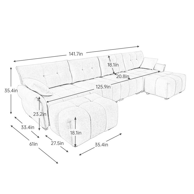 141.7" Chenille 4-Seater Sofa Set with 2 Ottomans, Solid Wood Frame and High-Resilience Cushions