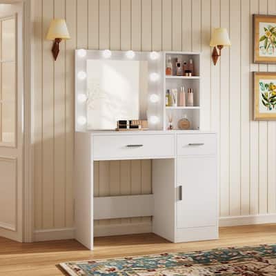 Lighted Bathroom Vanity with Mirror, MDF Cabinet, Smooth Drawers, Space-Saving Design
