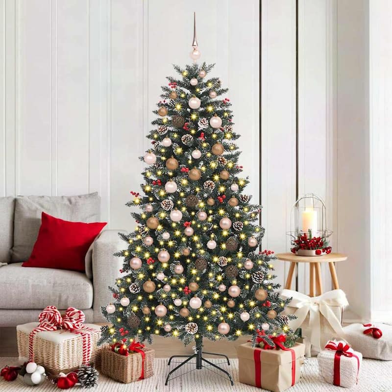 vidaXL Artificial Christmas Tree Green PVC - Green with LEDs and rose gold balls - 6 Foot