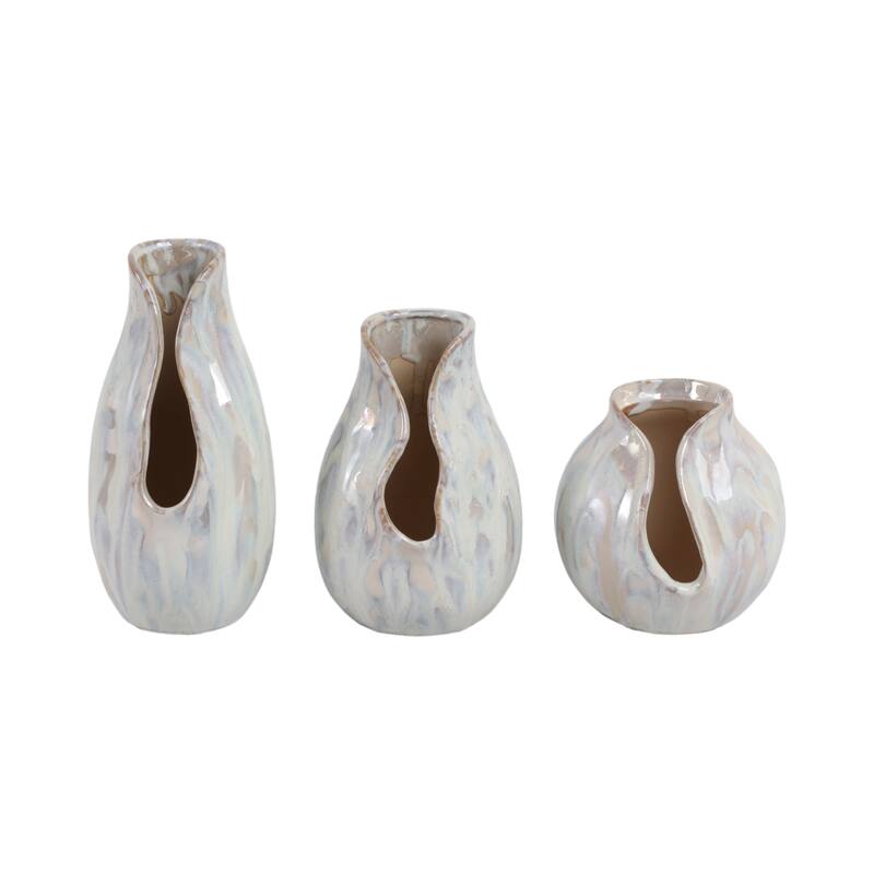 Stoneware Decorative Vases Modern Sleek Sculptural Design (Set of 3) - Ivory/ Tan