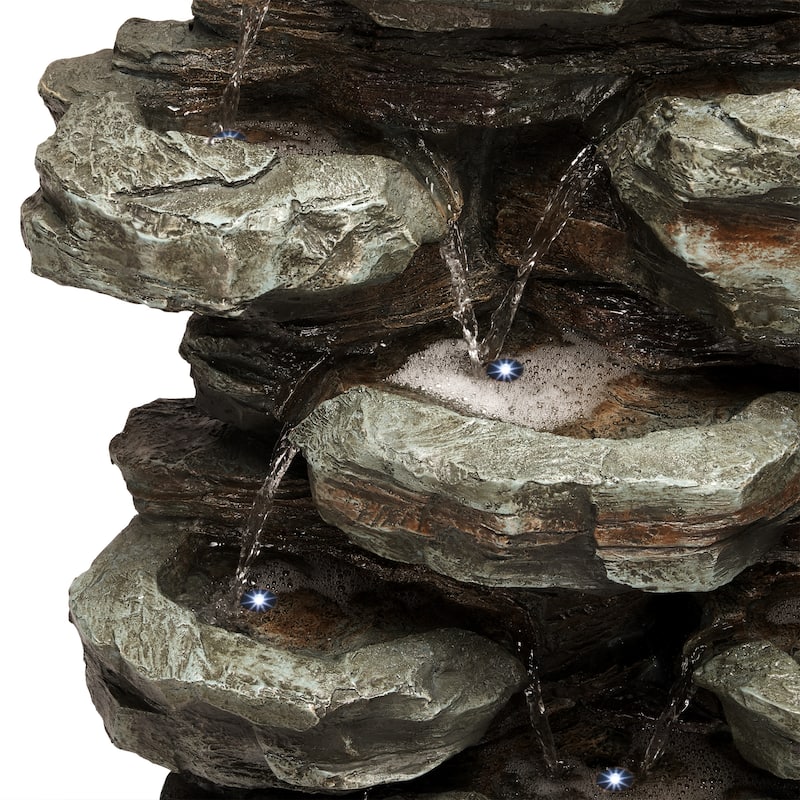 Alpine Corporation WIN930 Outdoor Floor Multi-Tiered Cascading Rock Garden Water Fountain with LED Lights, 39", Green