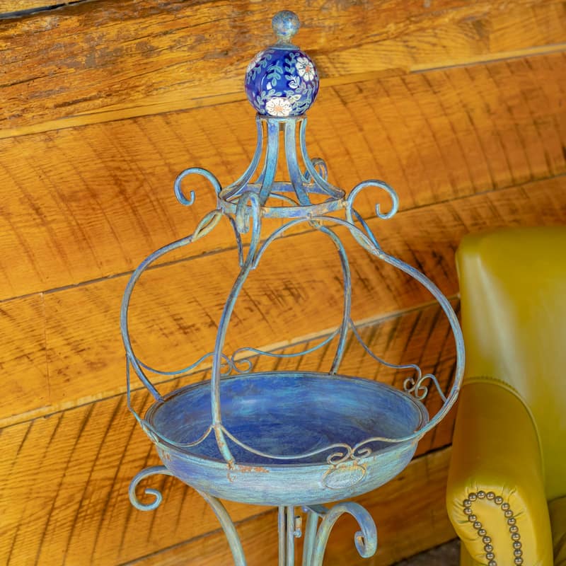 45 Inch Tall Standing Blue Iron Birdbath with Ceramic Sailor Ball - 14.57x14.57x44.88