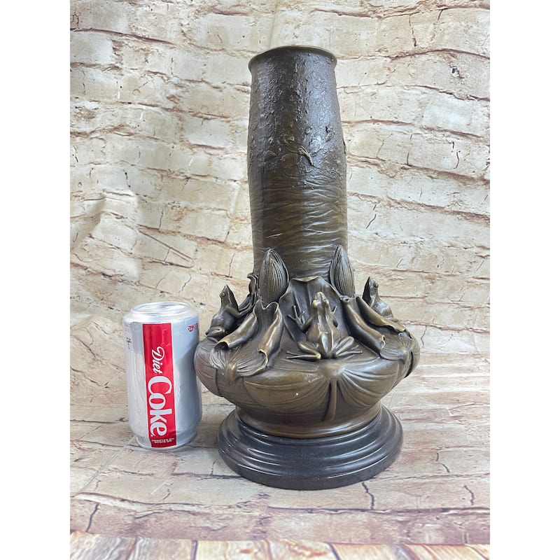 Bronze Metal Vase W/ Frogs On Lilly Pads Handmade Sculpture Signed Jean Bunand