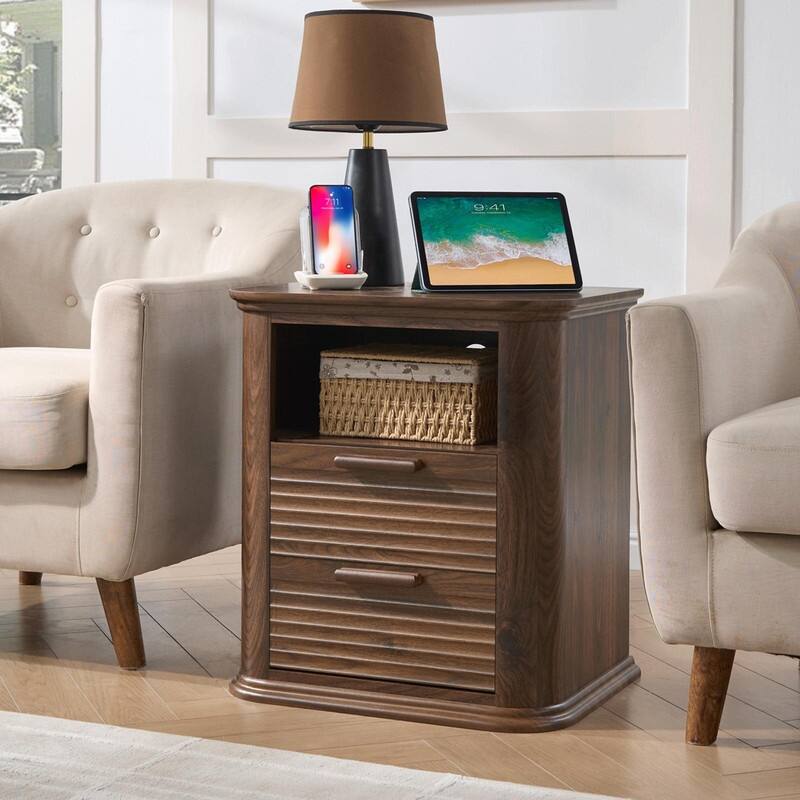 22" Fluted Nightstand with Charging Station - Modern End Table with 2 Drawers and Open Storage