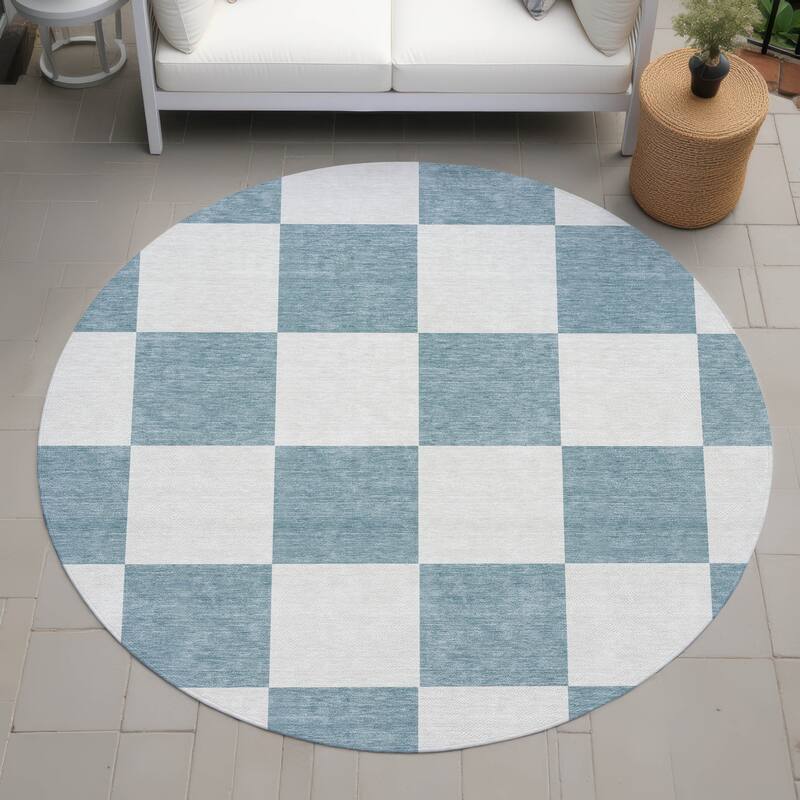 Machine Washable Indoor/ Outdoor Modern Checker Chantille Rug - Teal - 8' x 8'