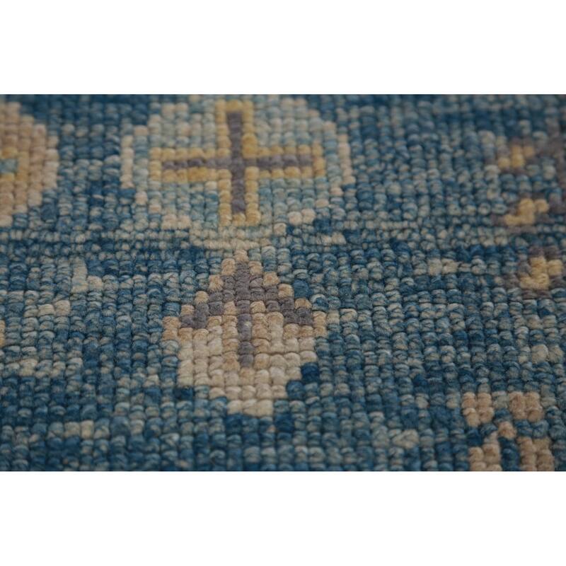 Hand Knotted Oriental 100% Wool Carpet Transitional Geometric Navy Blue & Blues Oushak Runner Rug - 14' 4'' X 2' 10''