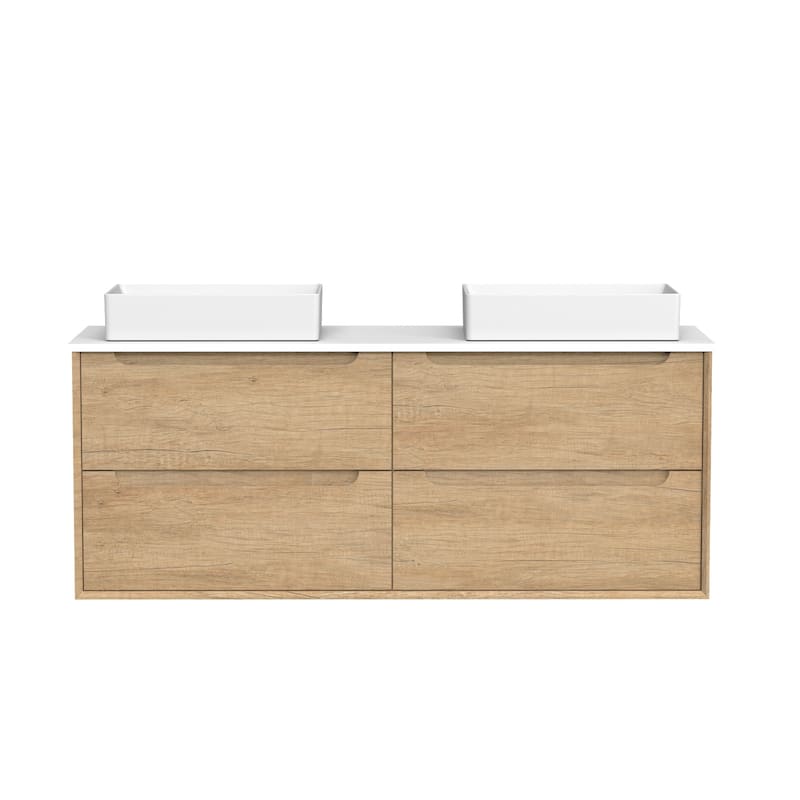 60" Solid Wood Bathroom Vanity with White Quartz Countertop Ceramic Vessel Sink - Square Sink