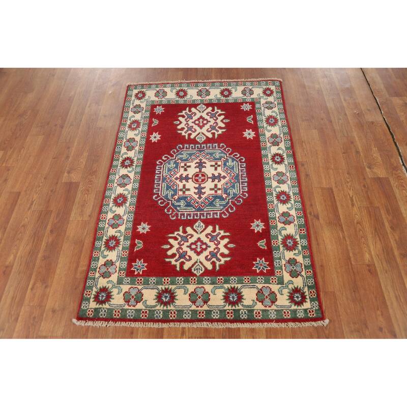 Red Kazak Foyer Rug Geometric Hand-Knotted Wool Carpet - 2'9"x 4'3"