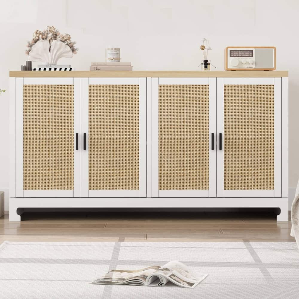 Rattan Buffet Storage Cabinet with 4 Doors and Shelf