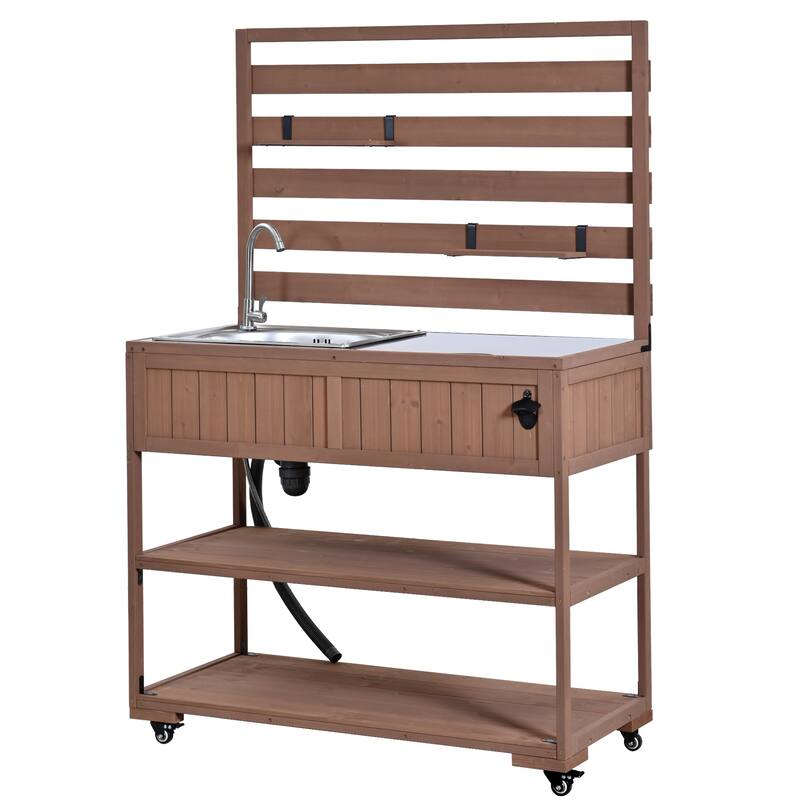 Roomfitters 41.7" Garden Potting Bench with Sink, Rolling Outdoor Potting Table, Bottle Opener, Storage Shelves, Hutch