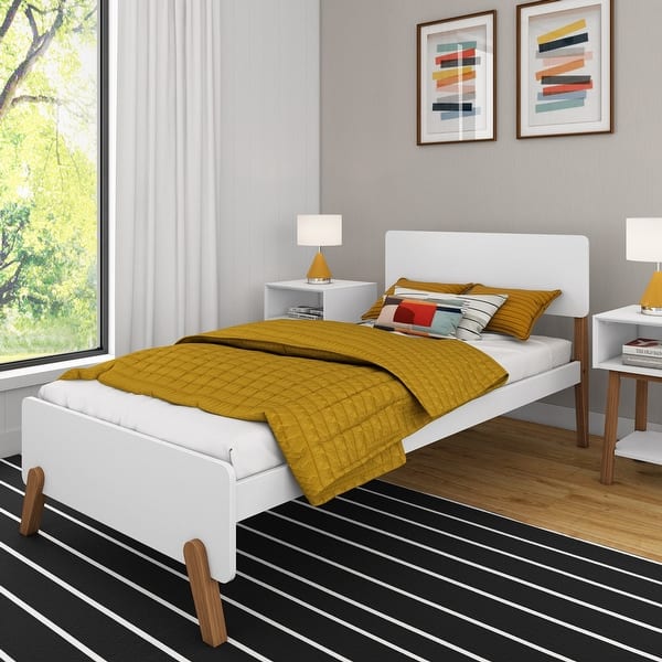 slide 2 of 12, Max and Lily Mid-Century Modern Twin-Size Panel Bed Pecan/White