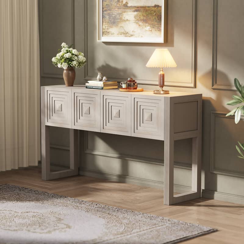 Christopher Knight Home - Modern Geometric Carved Console Table with Soft-Close Drawers & Fluted Legs for Living Room, Hallway