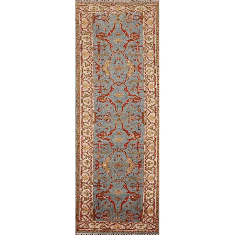 Light Blue Floral Oushak Indian Runner Rug Handmade Wool Carpet - 2'6"x 9'6"