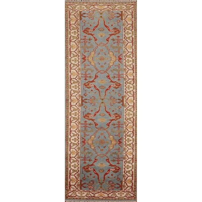 Light Blue Floral Oushak Indian Runner Rug Handmade Wool Carpet - 2'6"x 9'6"