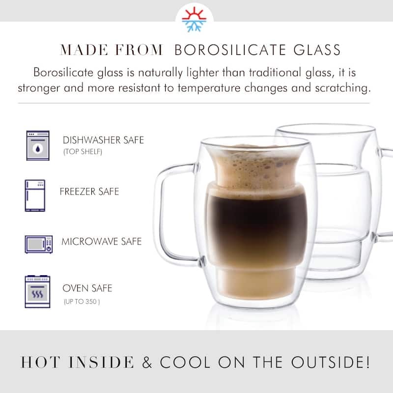 JoyJolt Cadus Double Wall Insulated Mugs, 16 OZ Set Of Two Latte Glasses