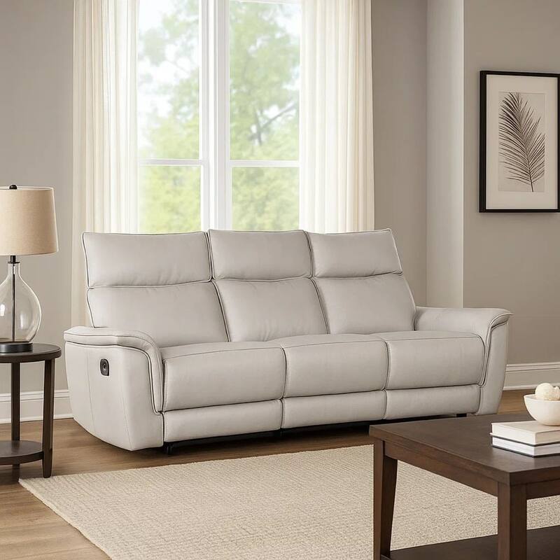 Lenne Sofa, Taupe Gray Faux Leather, Manual Reclining Mechanism, 86 Inch