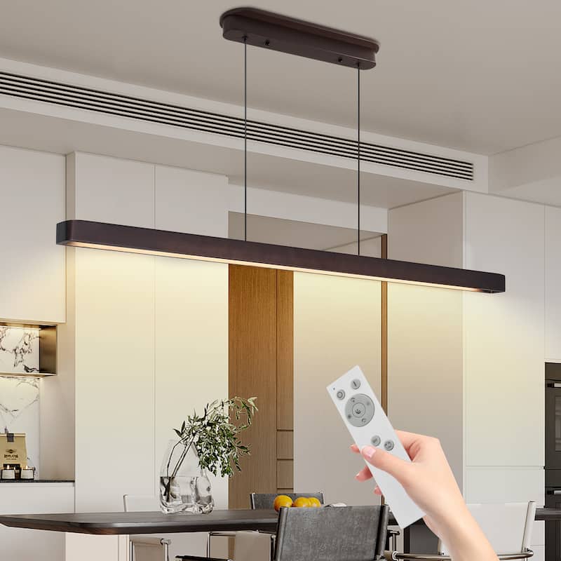 51-inch Walnut Wood Modern LED Pendant Light, Adjustable Hanging Light for Dining Room, Kitchen, Living Room