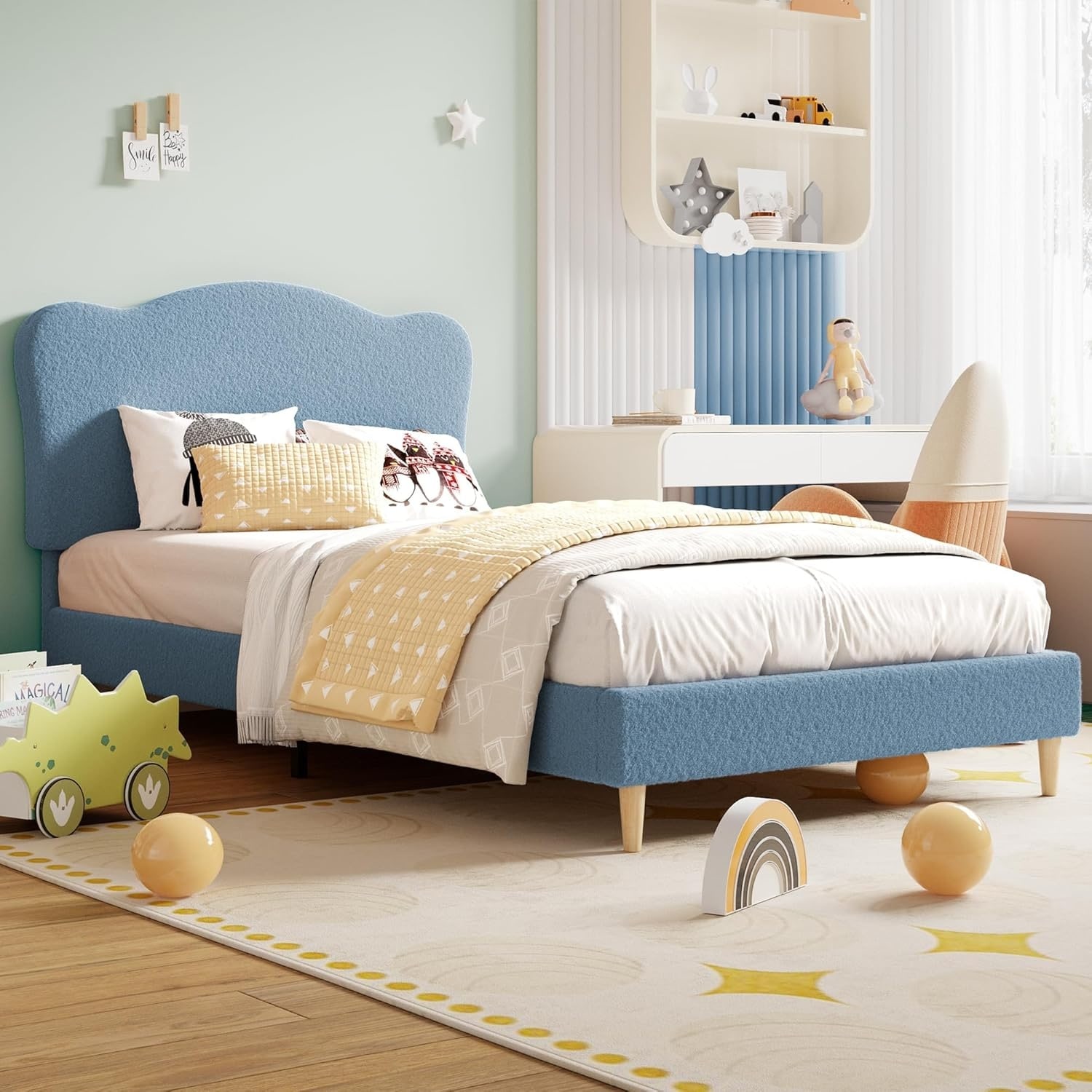 Toddler Twin Bed with Scallop Velvet Headboard, Upholstered Kids Princess Platform Bed, Wood Slats, White
