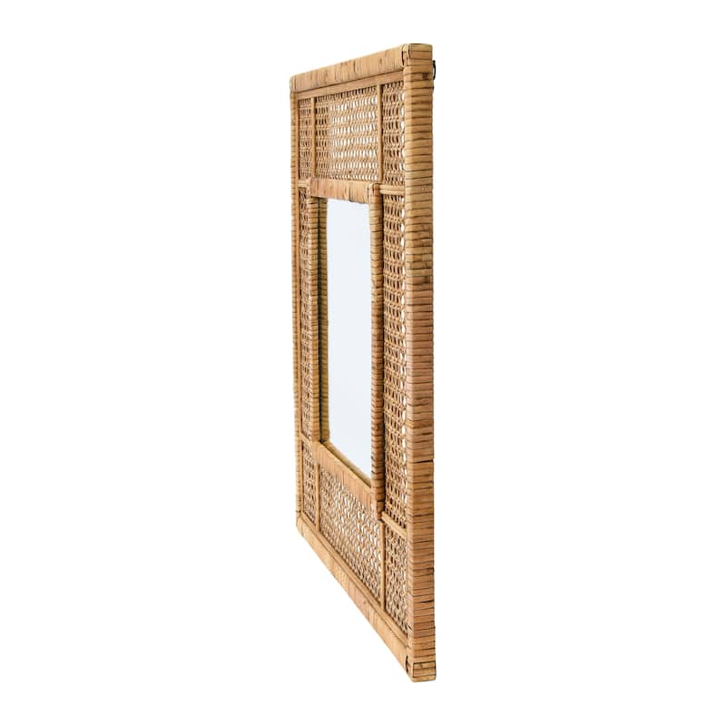 23.5" Square Modern Wood and Rattan Wall Mirror - Brown