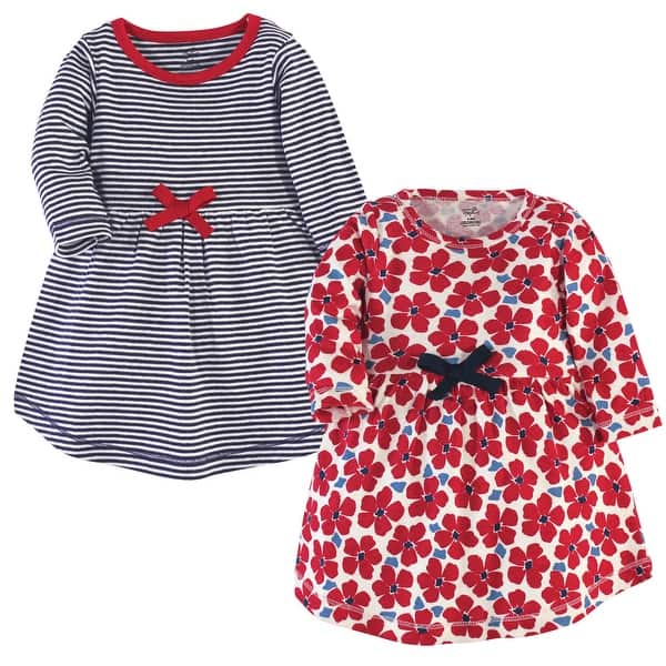 slide 1 of 1, Touched by Nature Baby and Toddler Girl Organic Cotton Long-Sleeve Dresses 2pk, Red Flowers 2T - Baby Toddler Red Flowers Long Sleeve