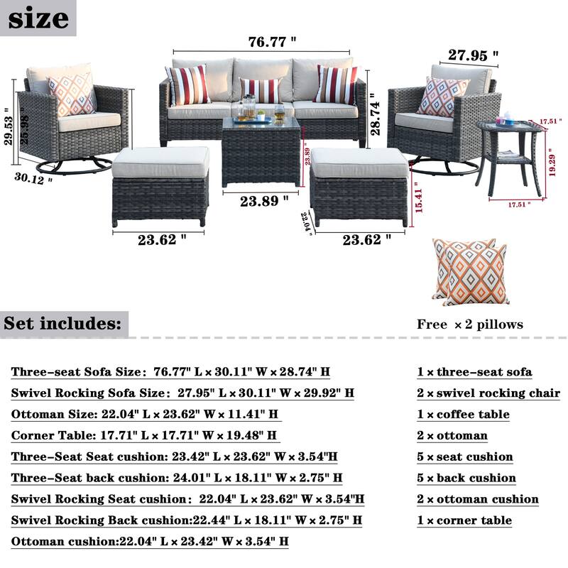 OVIOS 7-piece Patio Furniture Wicker Set with Swivel Rocking Chairs