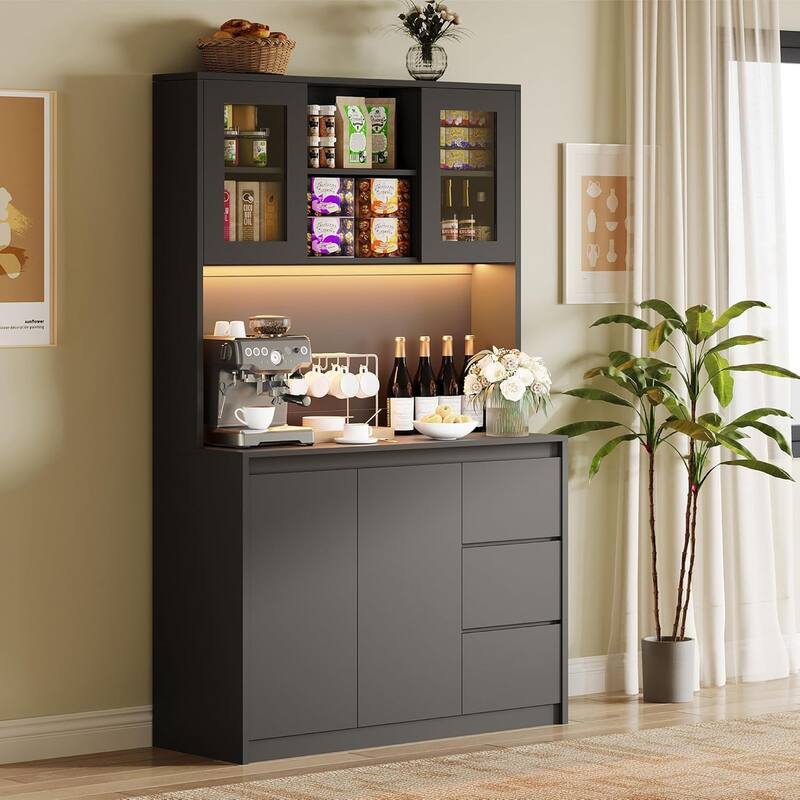 Kitchen Pantry Cabinet , Tall Storage Cabinet with Countertop and LED Lights - Black
