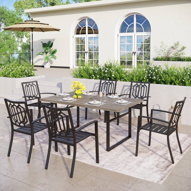 MAISON ARTS 7-Piece Patio Dining Set with Metal U-Shaped Leg Brown Dining Table and Metal Dining Chairs - Fixed Chairs