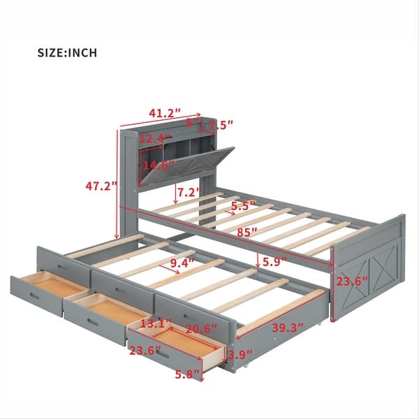 dimension image slide 3 of 4, Platform Bed Frame with Storage Headboard, Trundle & Charging Station, Wood Captain Bed with 3 Drawers, Low Profile Bed